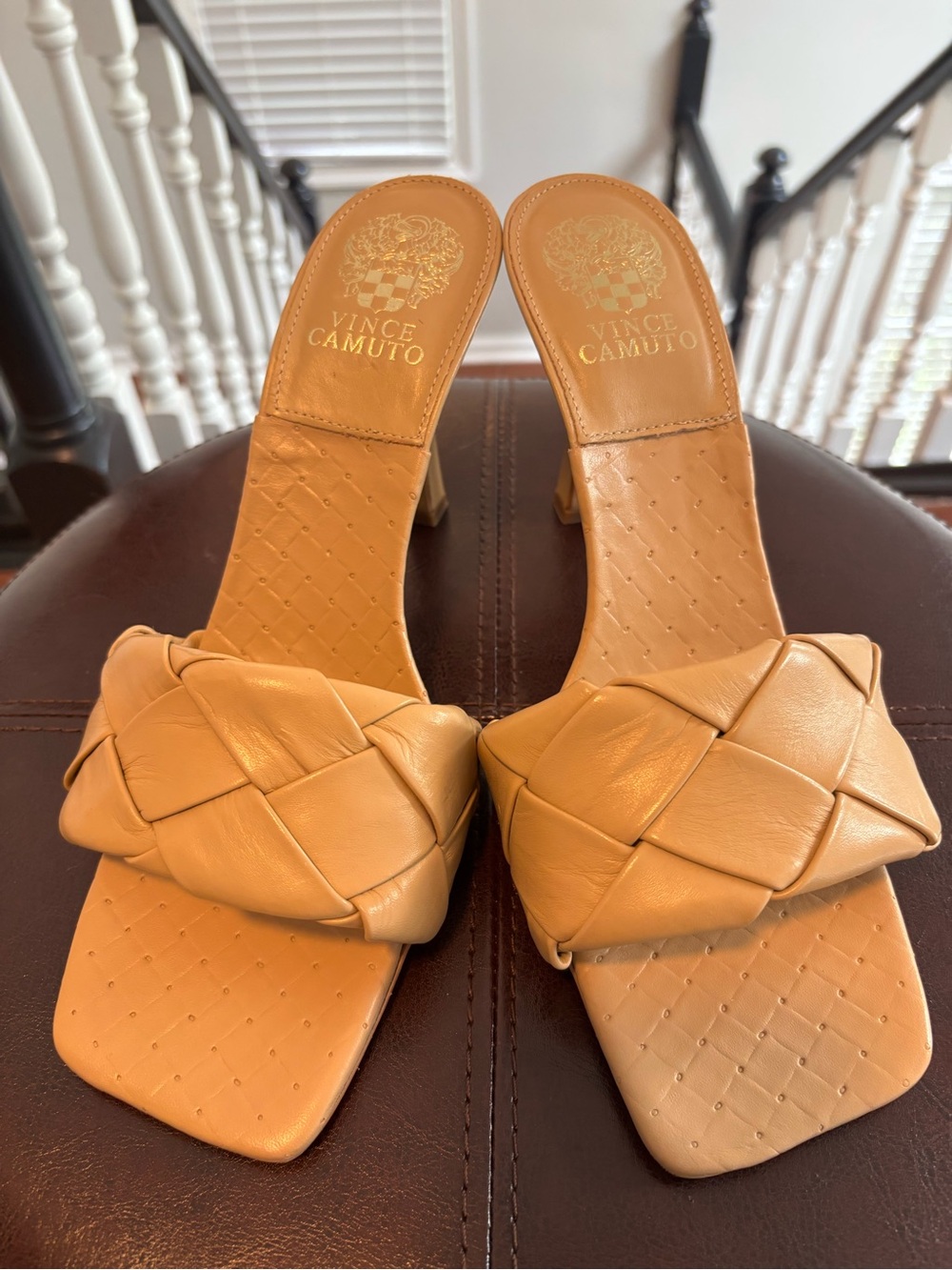 Vince Camuto Braided Tan Leather Upper Slide Sandals